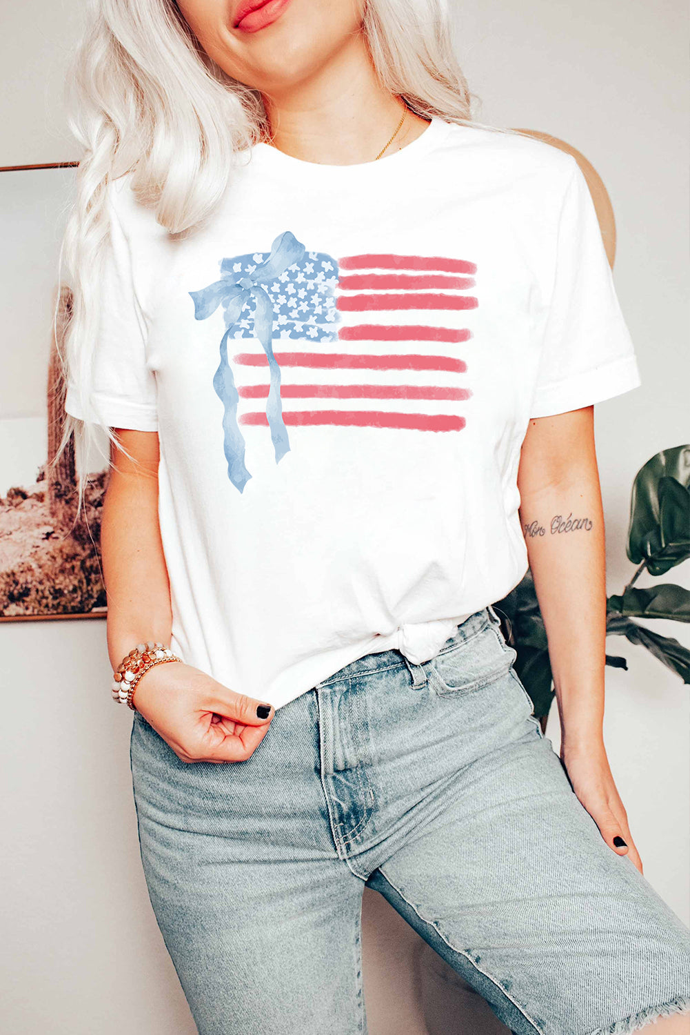 White American Flag Bow Knot Print Crew Neck T Shirt-Bella Boutique Collective