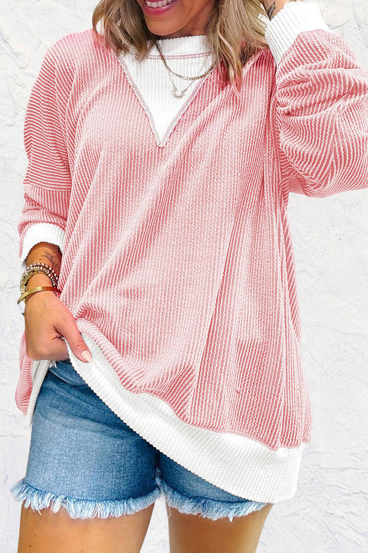 Peach Blossom Corded Colorblock Drop Shoulder Loose Top-Bella Boutique Collective
