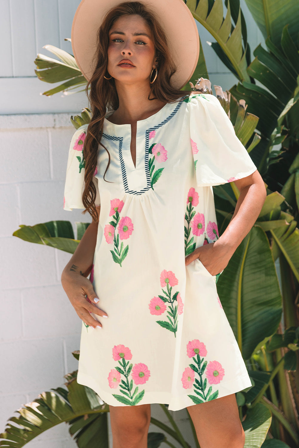 Apricot Floral Short Sleeve Split Neck Loose Mini Dress-Bella Boutique Collective
