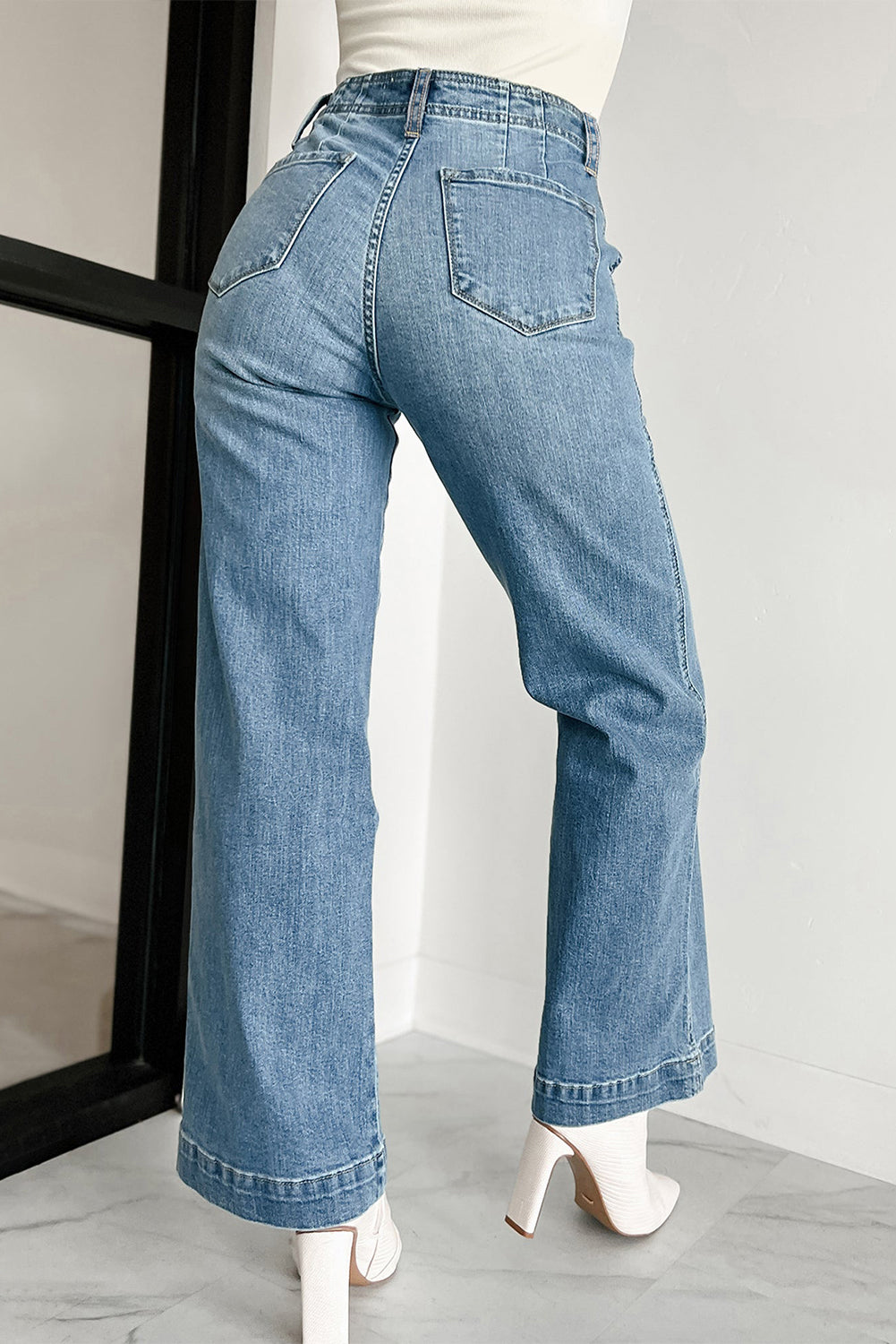 Dusk Blue Multi Buttons Medium Wash Straight Loose Leg Jeans-Bella Boutique Collective