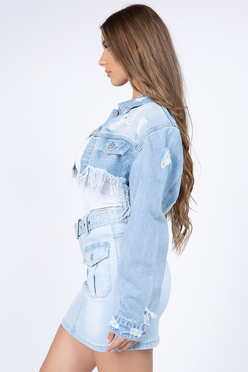 American Bazi Distressed Denim Jacket with Frayed Hem-Bella Boutique Collective