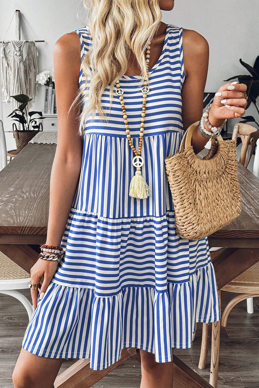 Sky Blue Stripe U Neck Sleeveless Loose Fit Mini Dress-Bella Boutique Collective