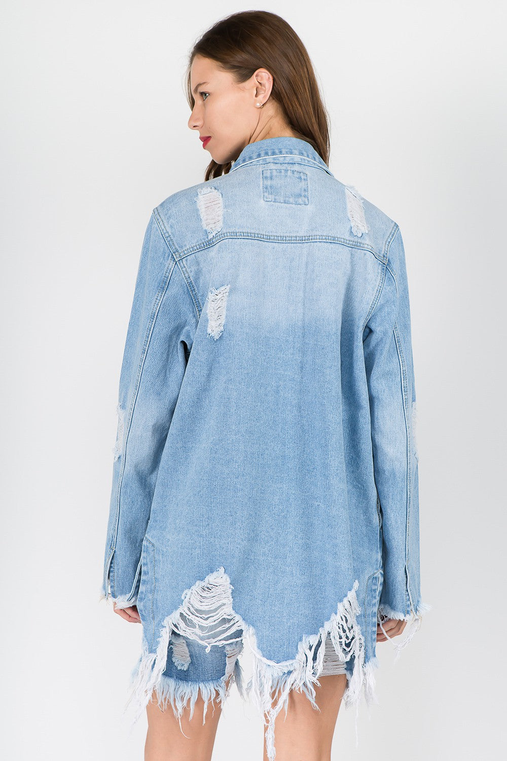 American Bazi Distressed Frayed Hem Denim Jacket-Bella Boutique Collective