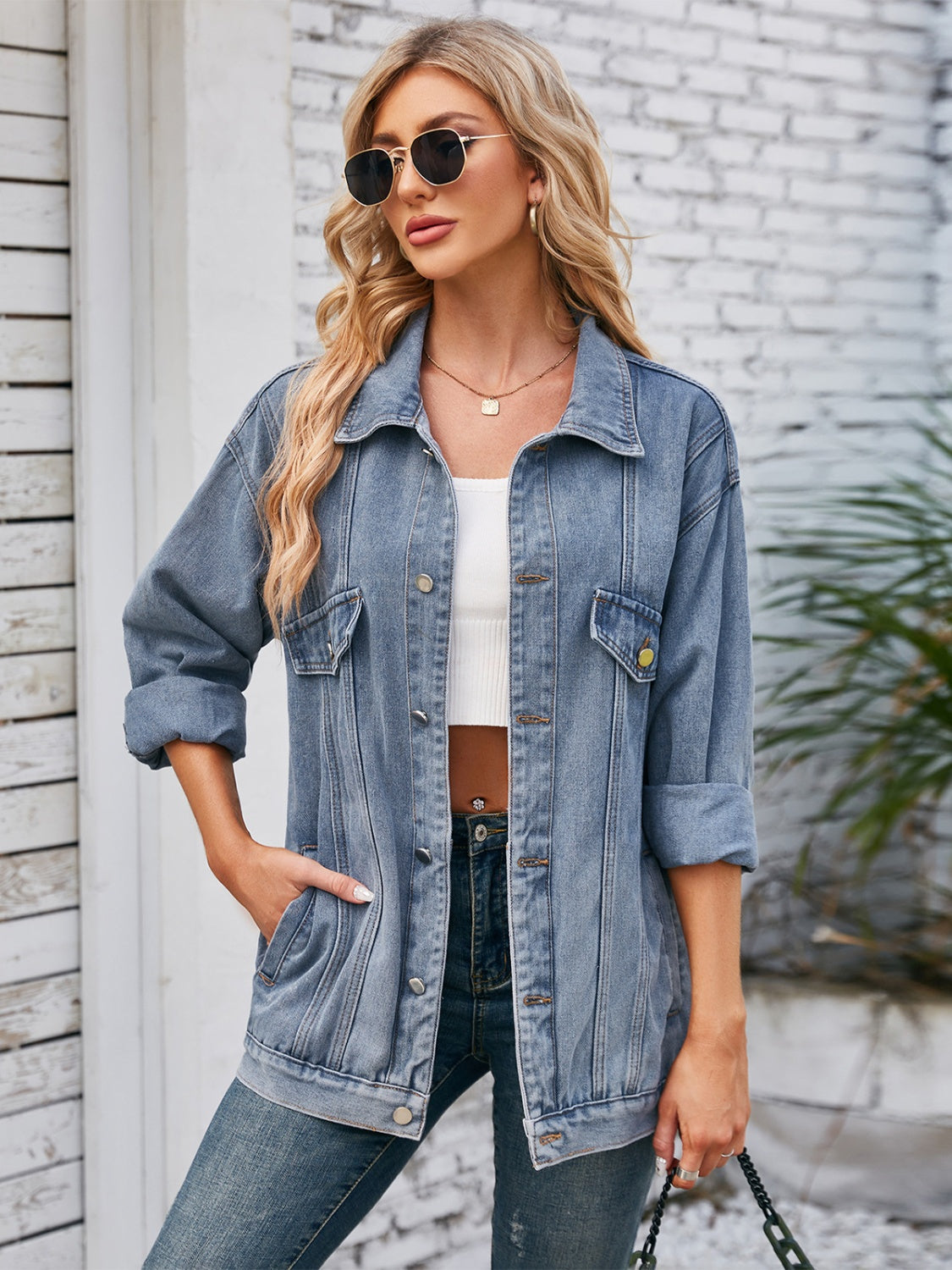 Button Up Long Sleeve Denim Jacket-Bella Boutique Collective
