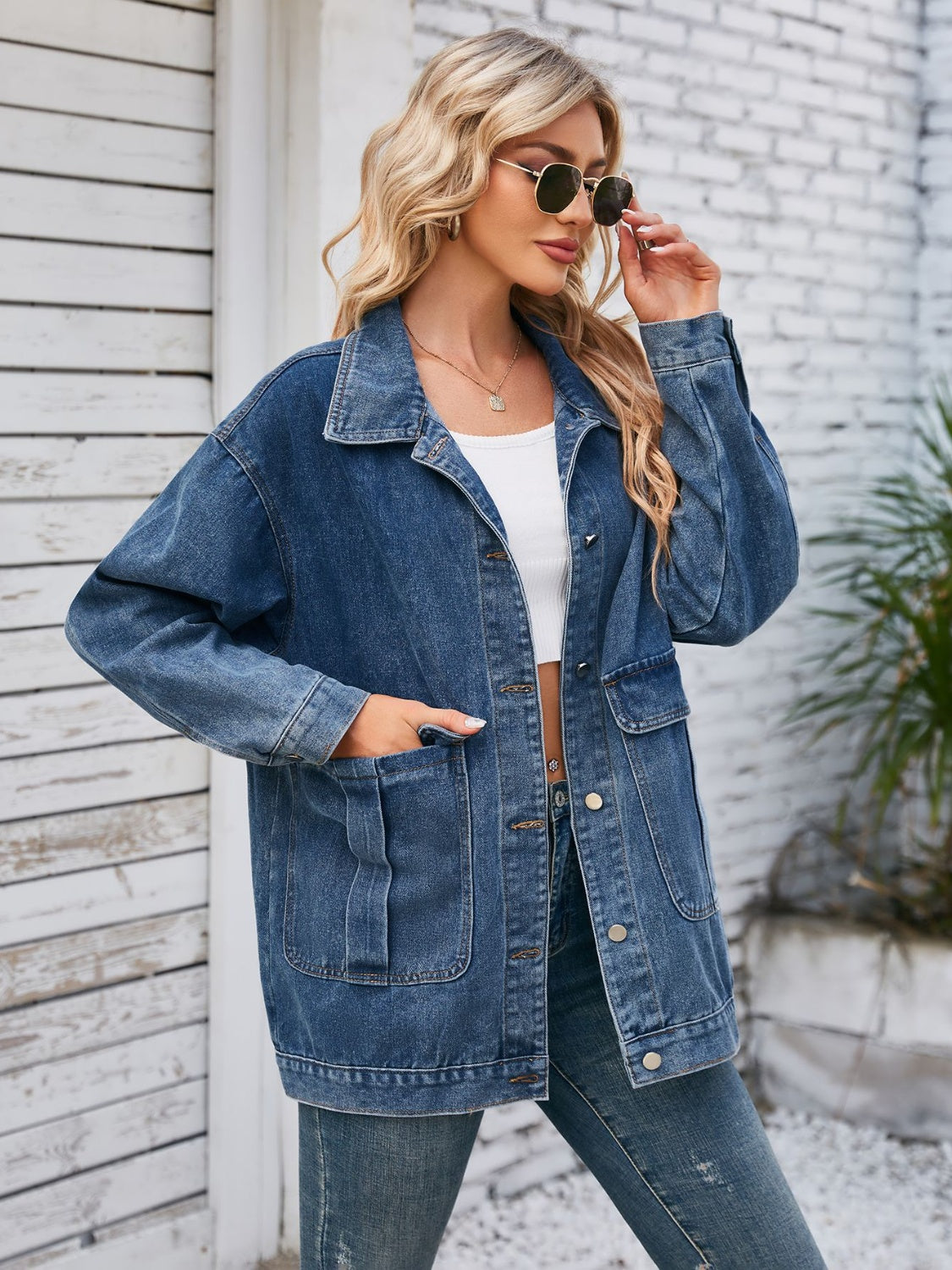 Button Up Long Sleeve Denim Jacket-Bella Boutique Collective