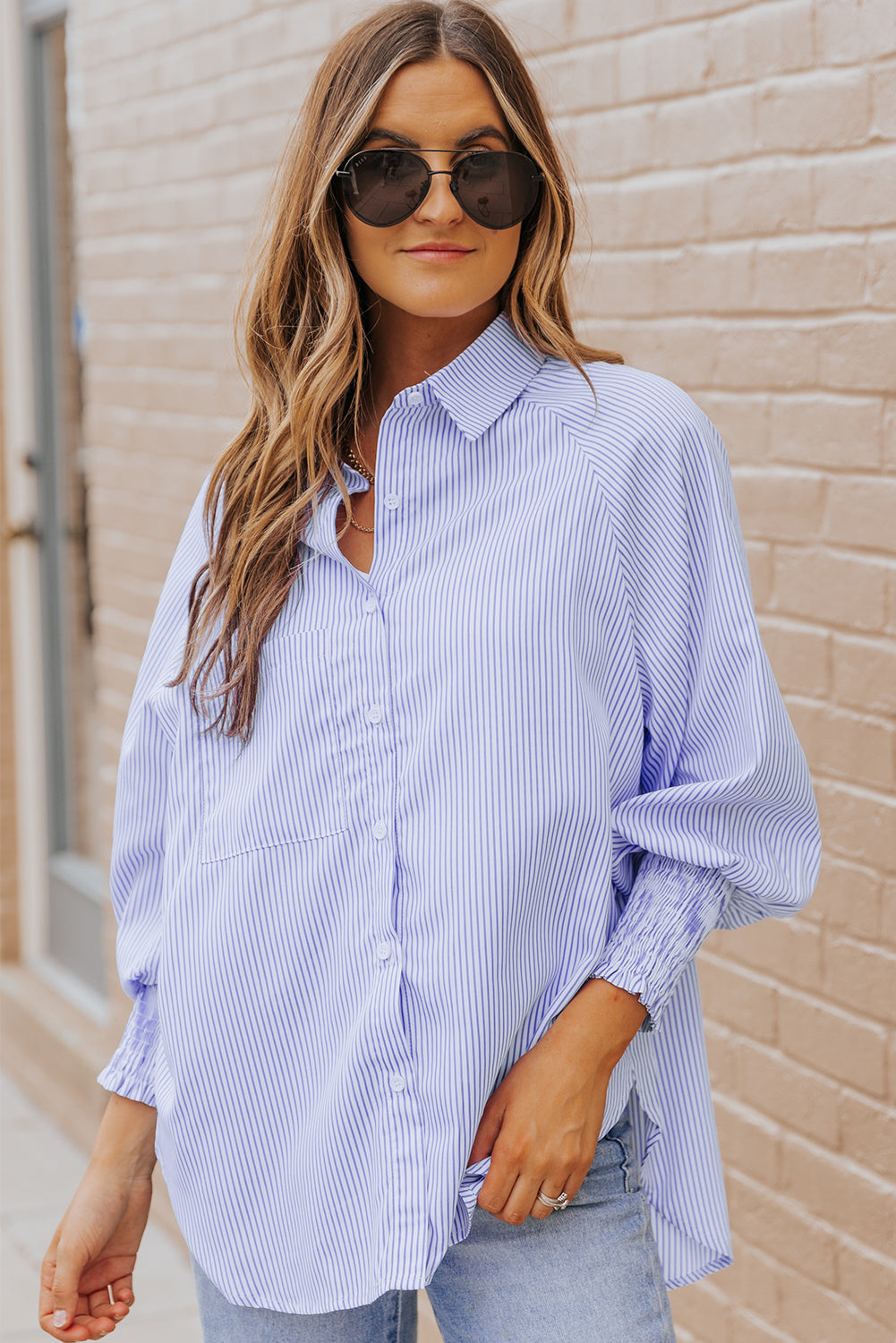 Sky Blue Smocked Cuffed Striped Boyfriend Shirt with Pocket-Bella Boutique Collective