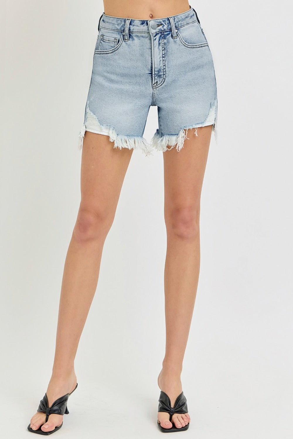 RISEN High Rise Side Step Hem Denim Shorts-Bella Boutique Collective