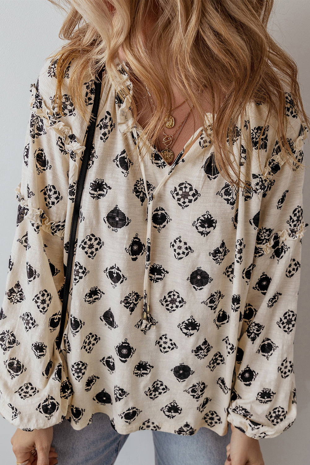 White Printed Split Neck Bubble Sleeve Loose Blouse-Bella Boutique Collective