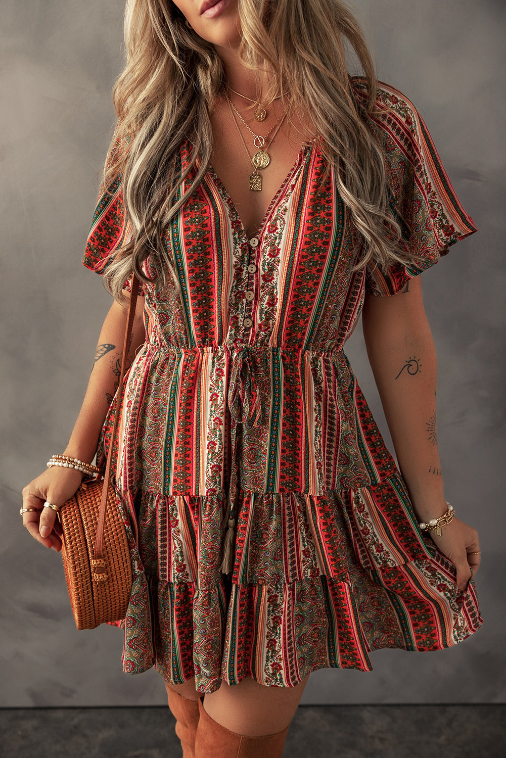 Red Bohemian Floral Print Buttoned V Neck Ruffle Tiered Dress-Bella Boutique Collective