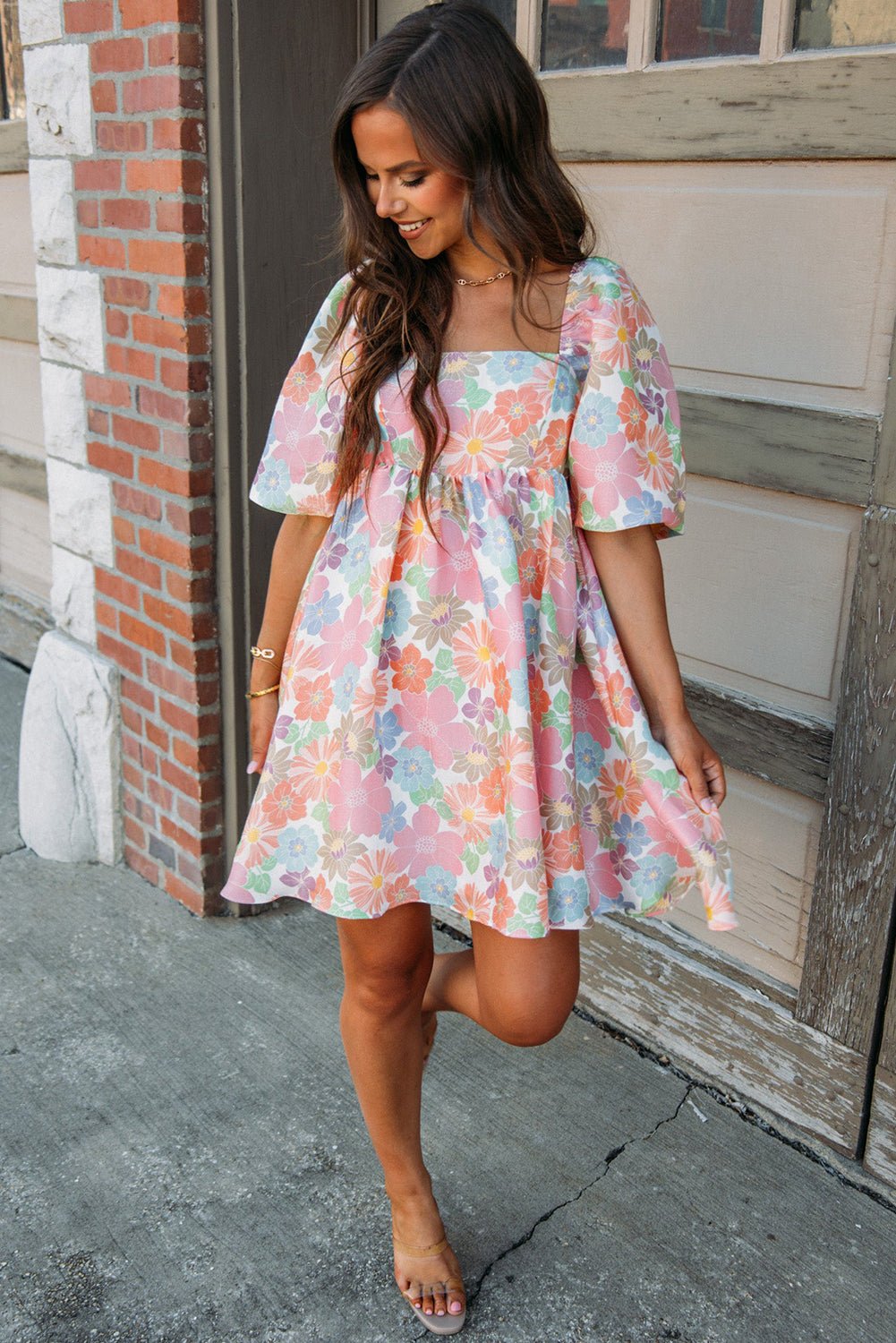 Pink Summer Floral Square Neck Puff Sleeve Babydoll Dress-Bella Boutique Collective
