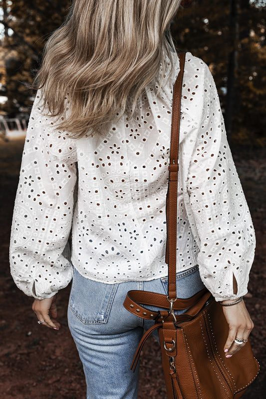 White Eyelet Embroidered Puff Sleeve V Neck Blouse-Bella Boutique Collective