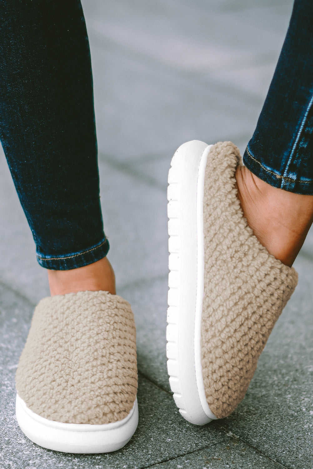 Pale Khaki Two-tone Knitted Warm Homewear Slippers-Bella Boutique Collective