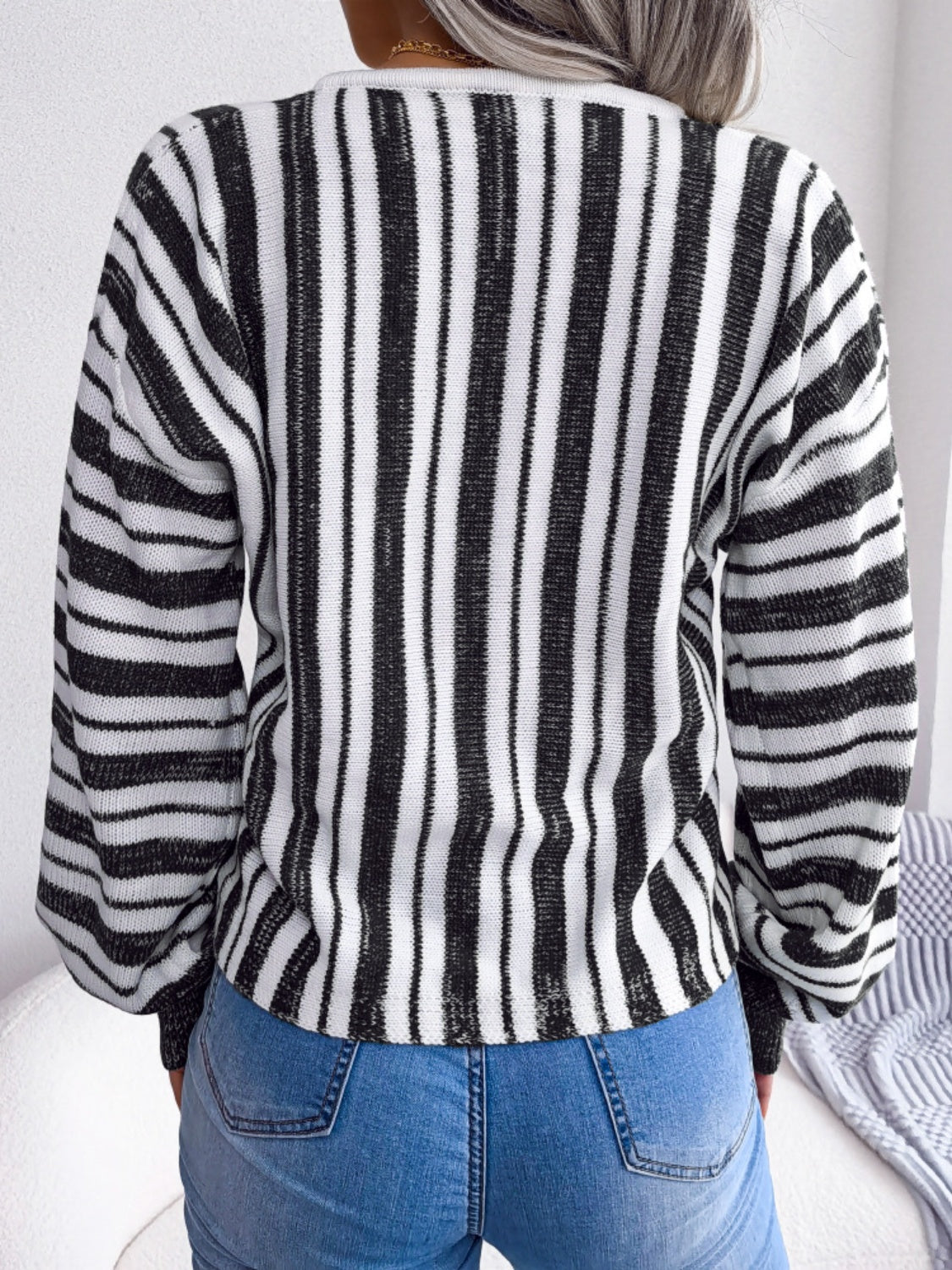 Striped Lace-Up Long Sleeve Sweater-Bella Boutique Collective