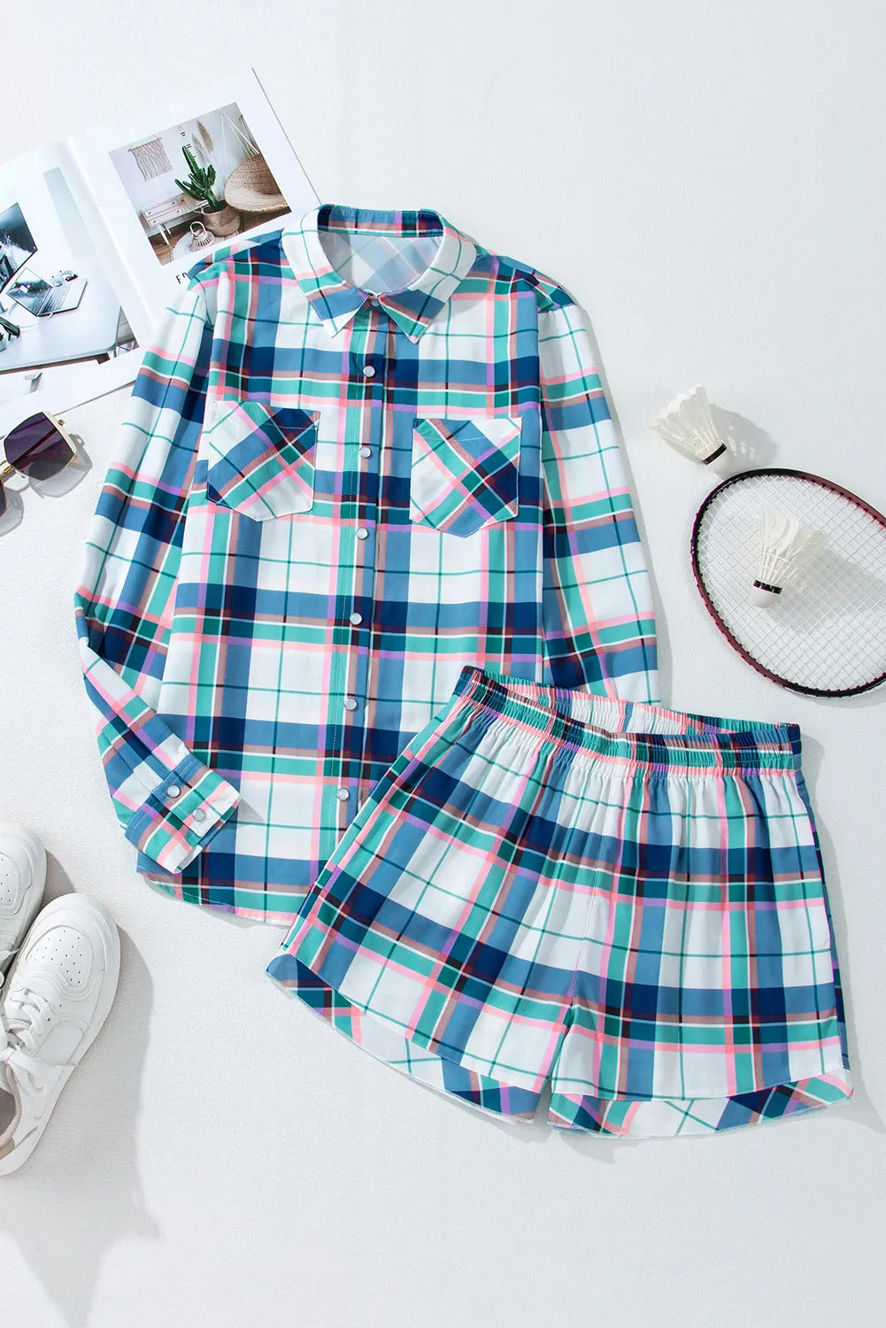Plaid Snap Down Long Sleeve Top and Shorts Lounge Set-Bella Boutique Collective
