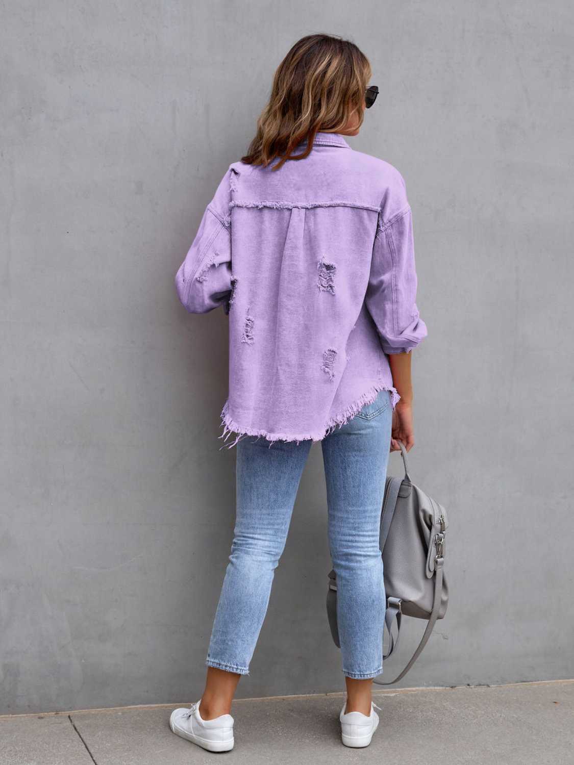 Distressed Drop Shoulder Denim Jacket-Bella Boutique Collective