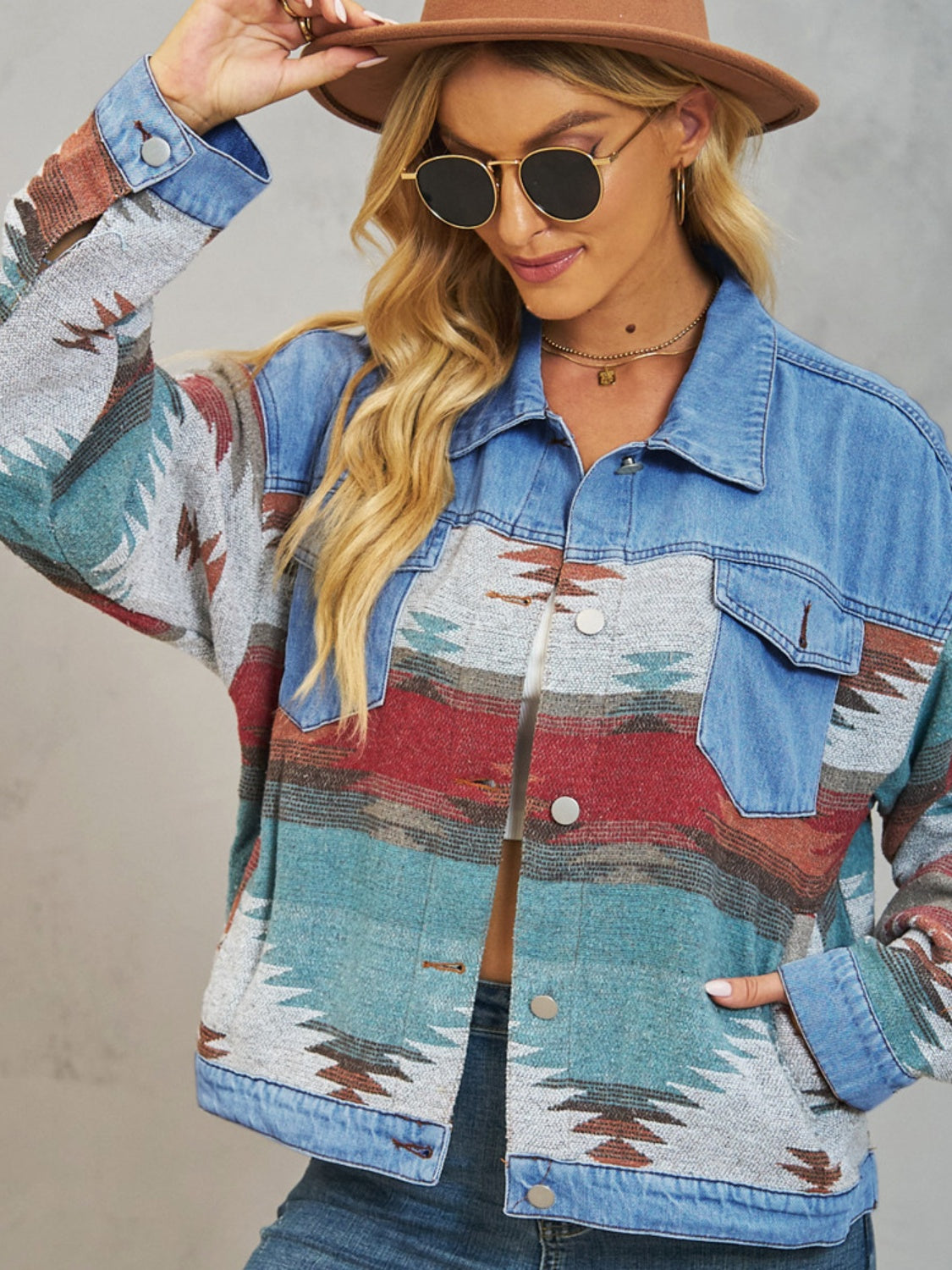 Geometric Button Up Dropped Shoulder Denim Jacket-Bella Boutique Collective