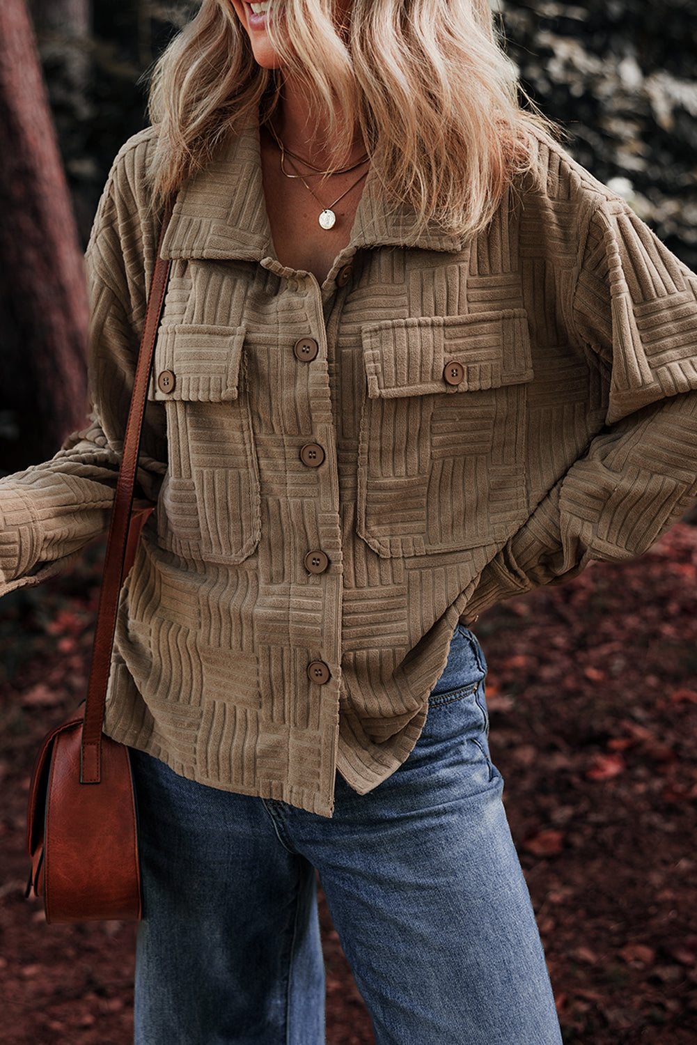 Dark Khaki Textured Chest Pocket Button-up Shacket-Bella Boutique Collective