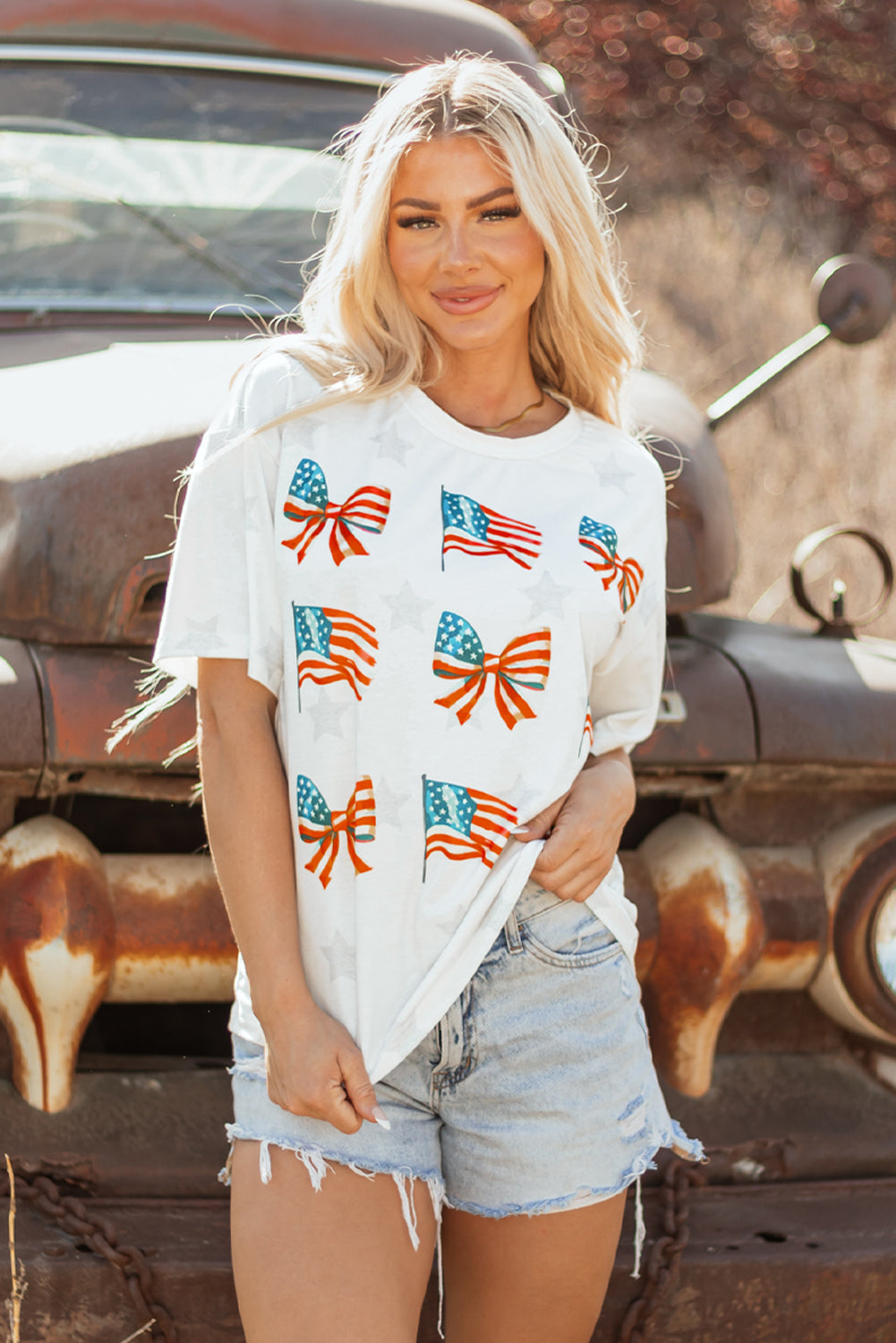 Khaki Patriotic Flag Bow Graphic Starry Round Neck T Shirt-Bella Boutique Collective