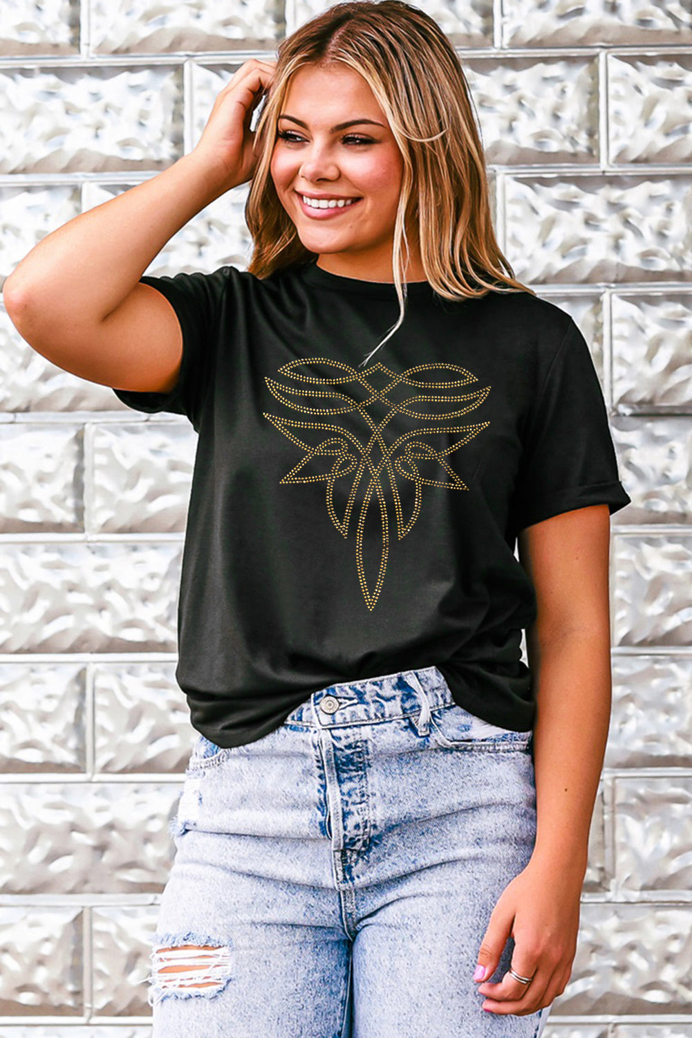 Black Rhinestone Western Pattern Cotton Blend Graphic T Shirt-Bella Boutique Collective