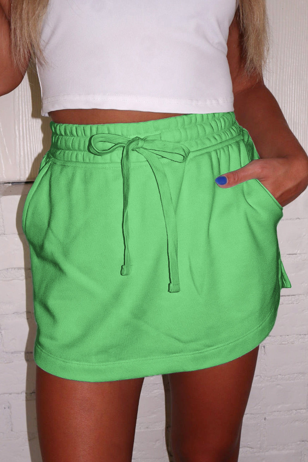 Light Green French Terry Drawstring Mini Skort with Pockets-Bella Boutique Collective