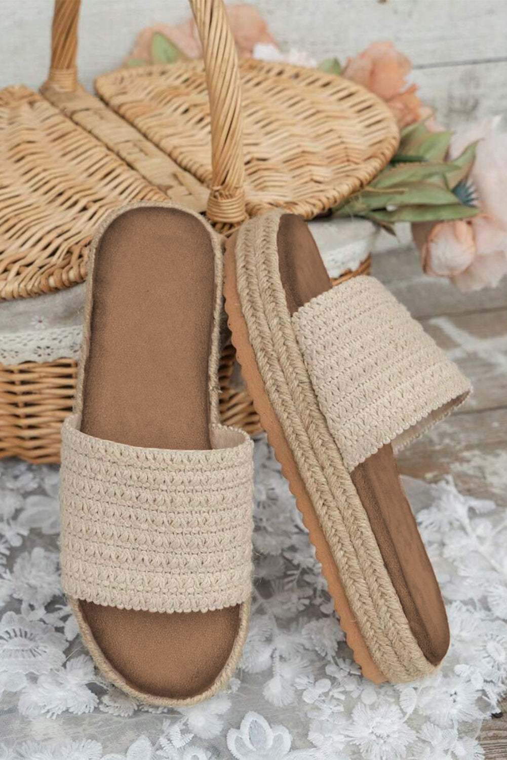 White Boho Woven Non-slip Wedge Slippers-Bella Boutique Collective