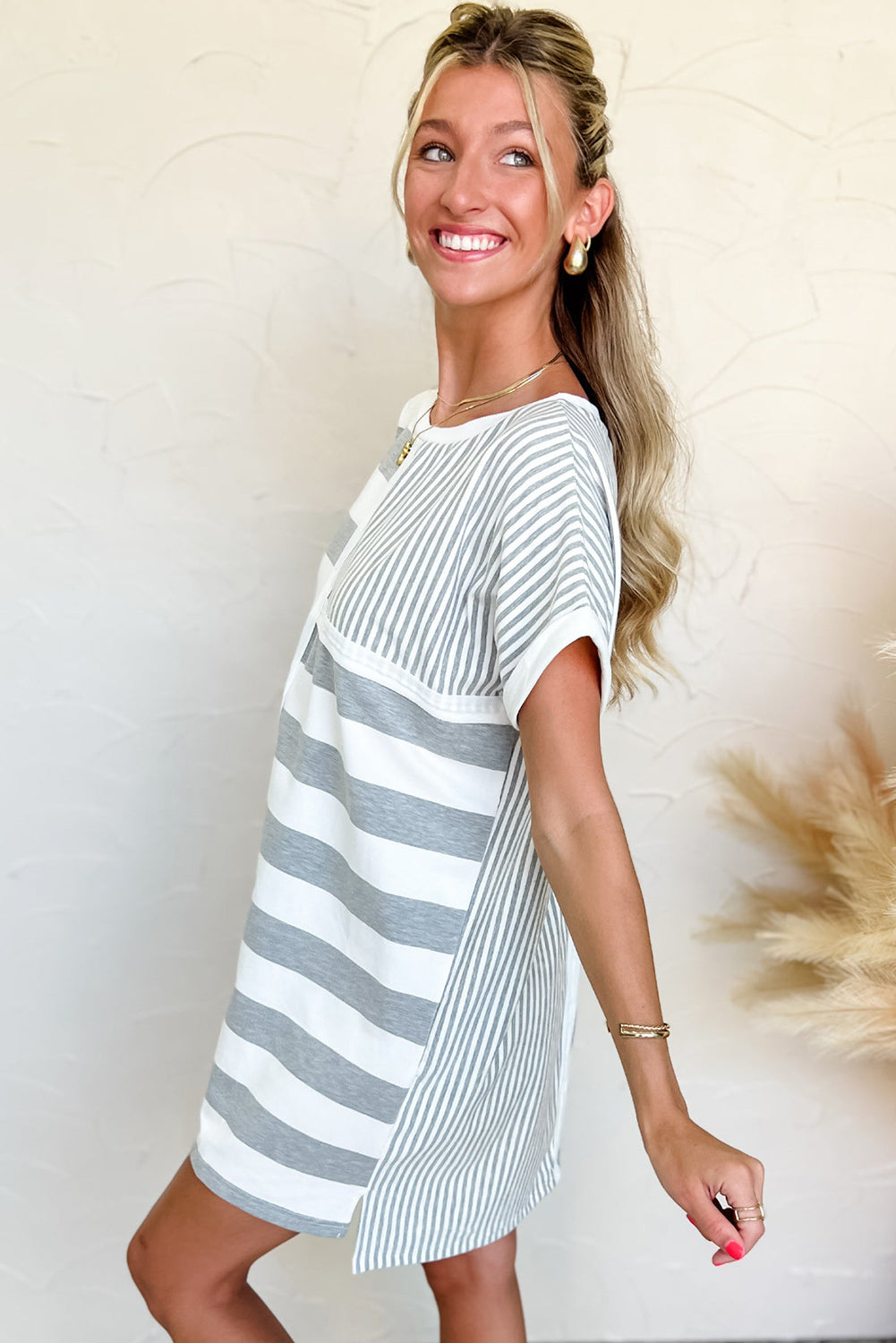 Gray Stripe Mixed Printed Short Sleeve Shift Mini T Shirt Dress-Bella Boutique Collective