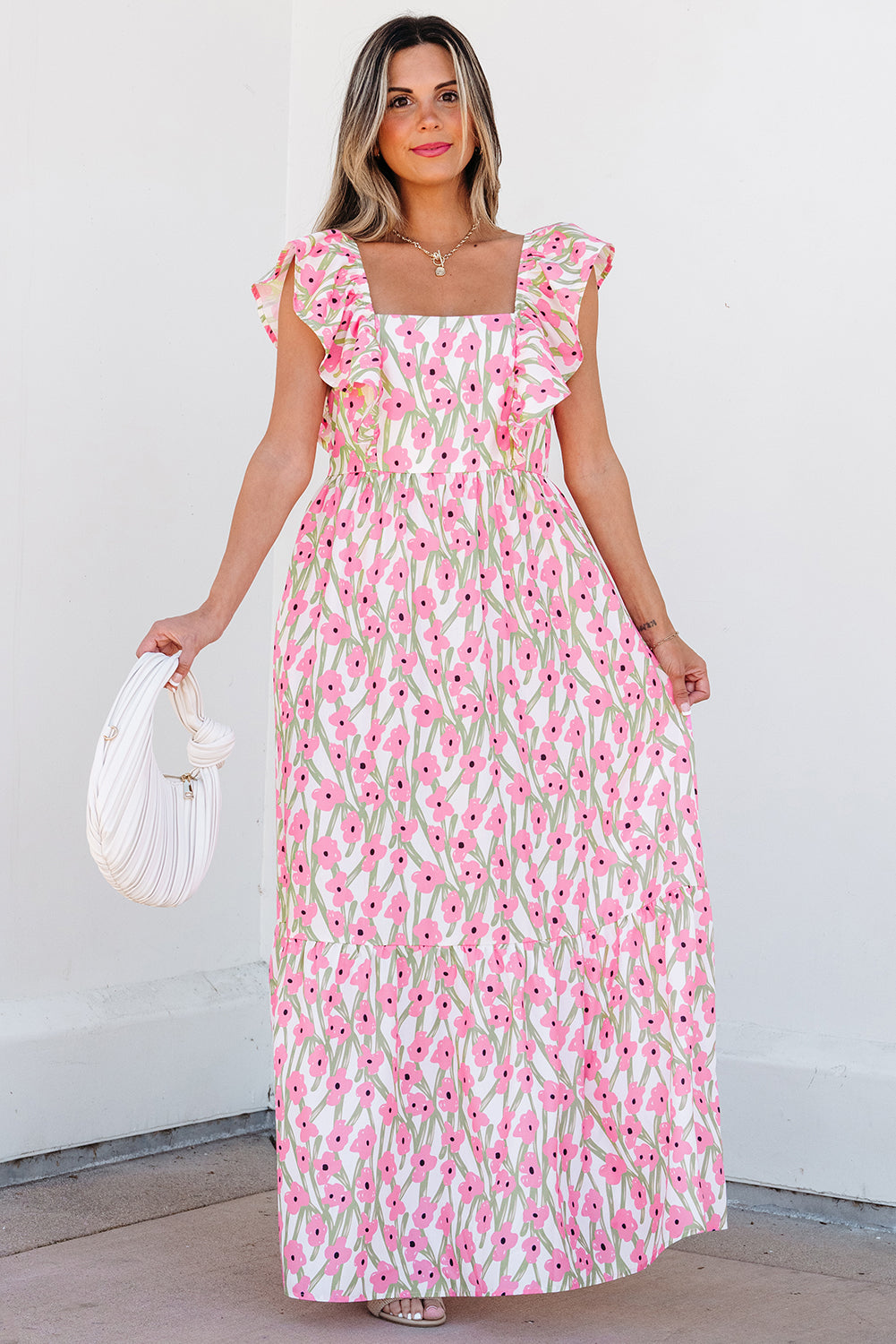 Pink Floral Print Square Neck Ruffled Strap Maxi Dress-Bella Boutique Collective