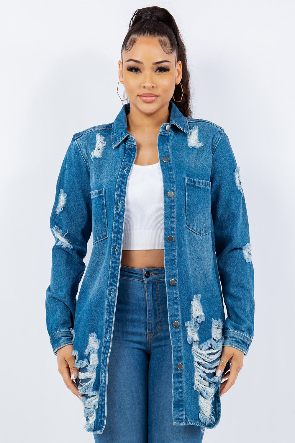 American Bazi Distressed Button Up Long Sleeve Denim Jacket-Bella Boutique Collective