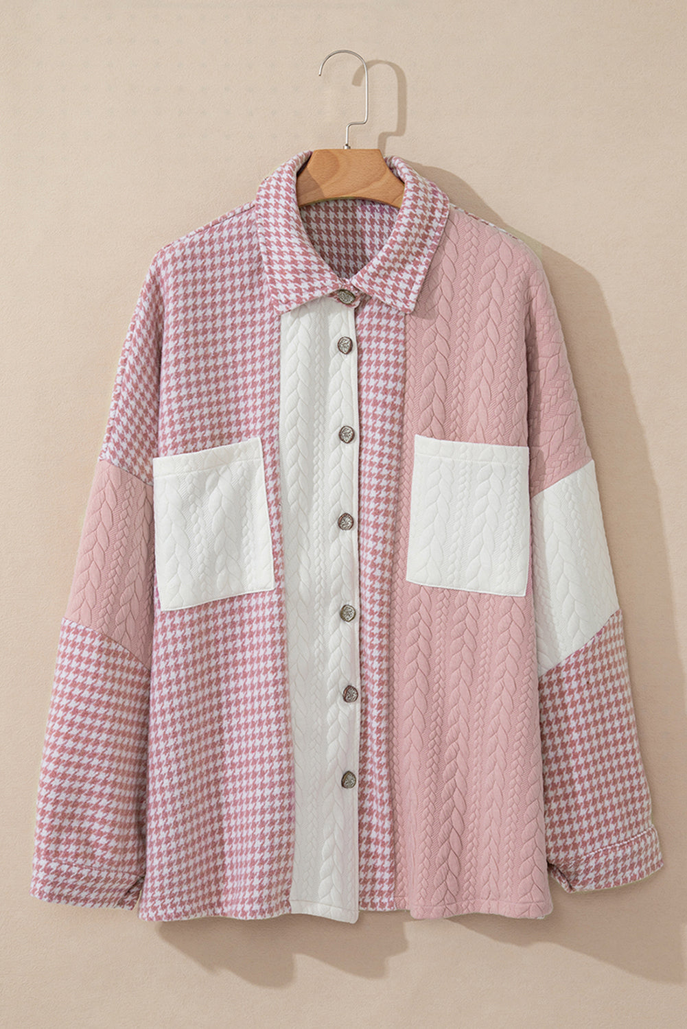 Pink Houndstooth Color Contrast Textured Patchwork Loose Shacket-Bella Boutique Collective