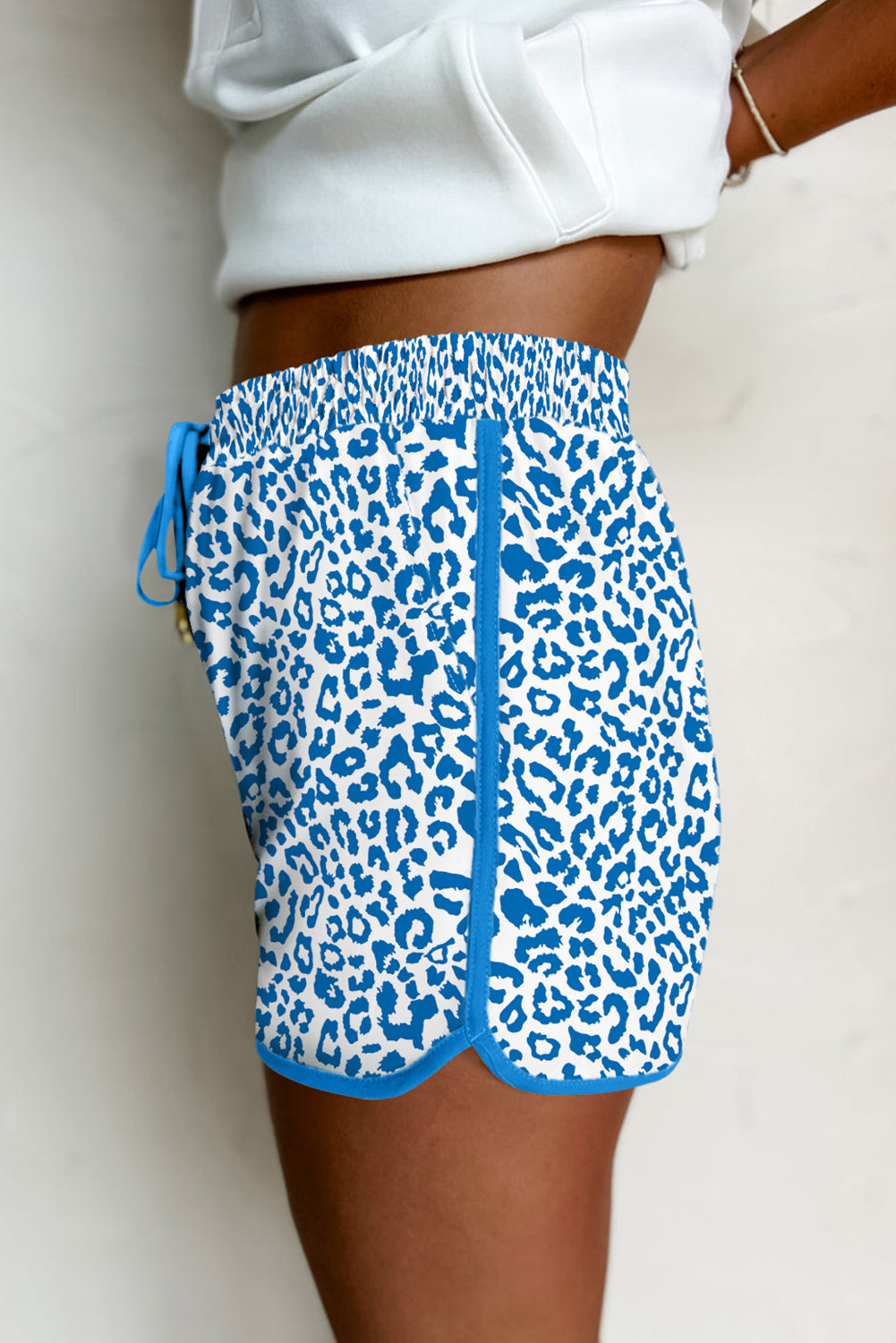 Blue Leopard Elastic Waist Lace up Contrast Trim Casual Shorts-Bella Boutique Collective