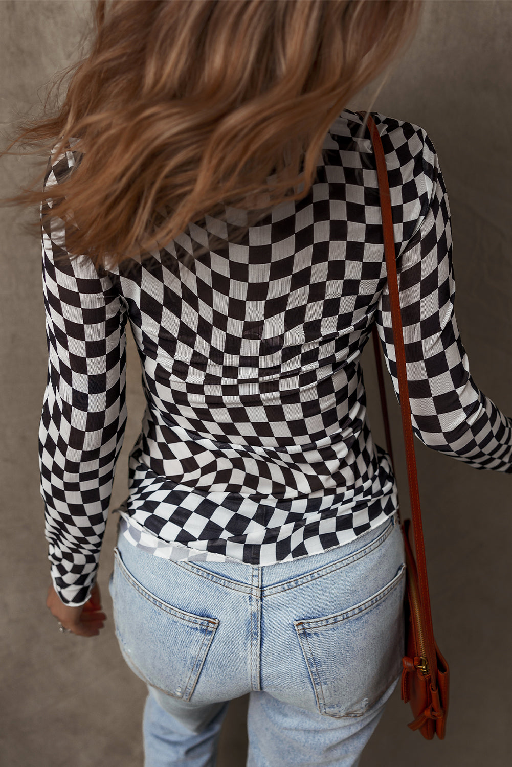 Black Checkered Pattern Mesh Mock Neck Long Sleeve Top-Bella Boutique Collective