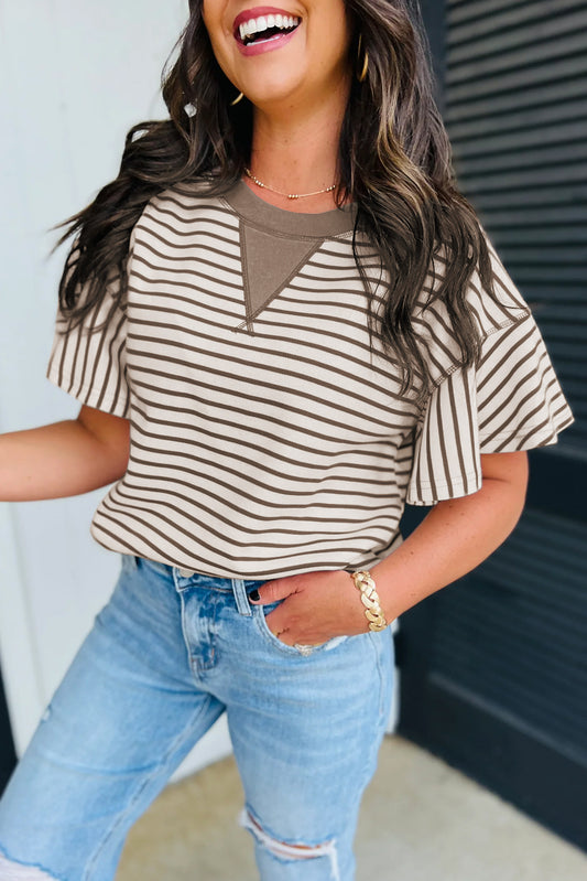 Parchment Contrast Detail Striped Ruffle Short Sleeve Top-Bella Boutique Collective