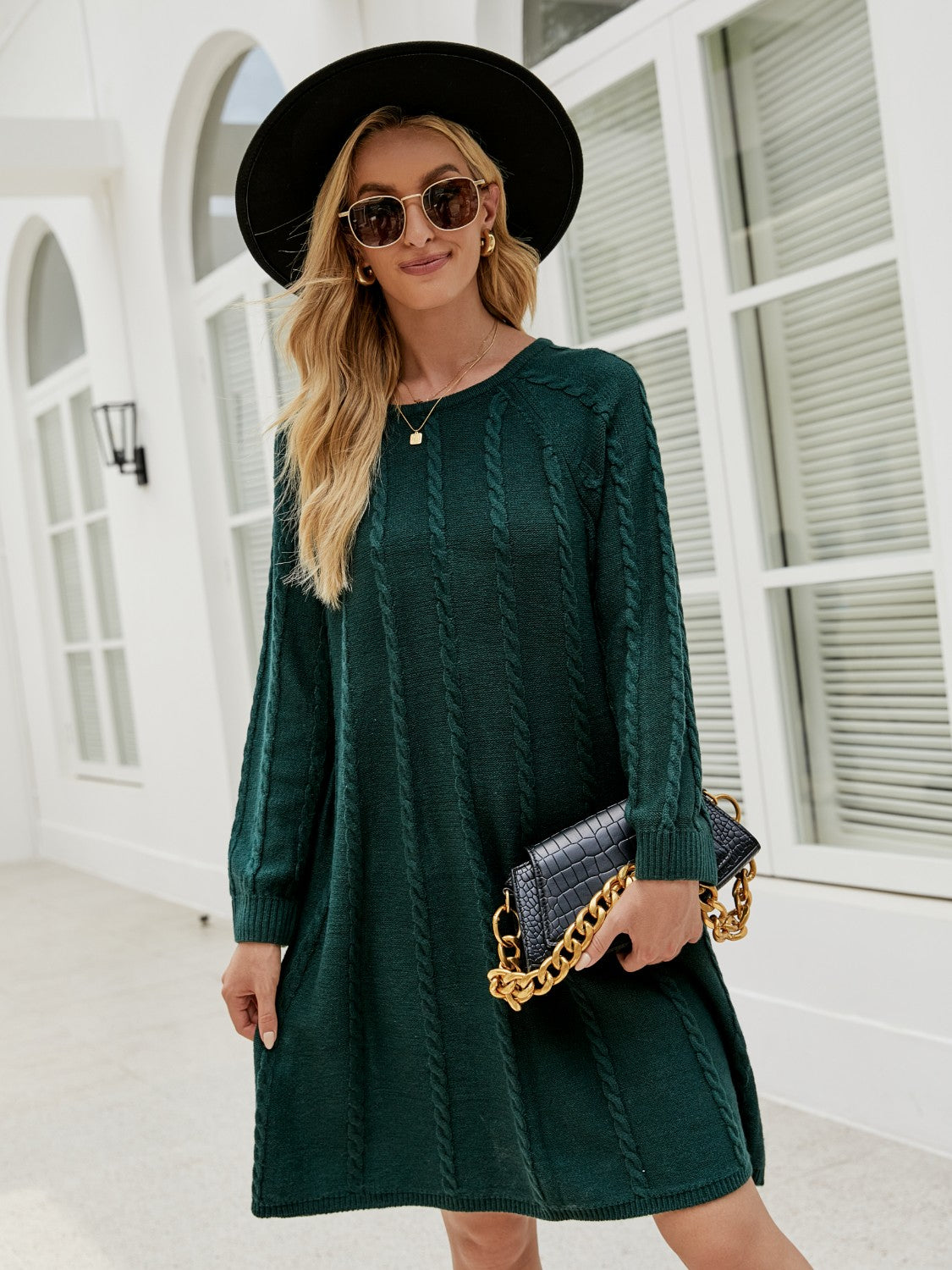 Cable-Knit Long Sleeve Sweater Dress-Bella Boutique Collective