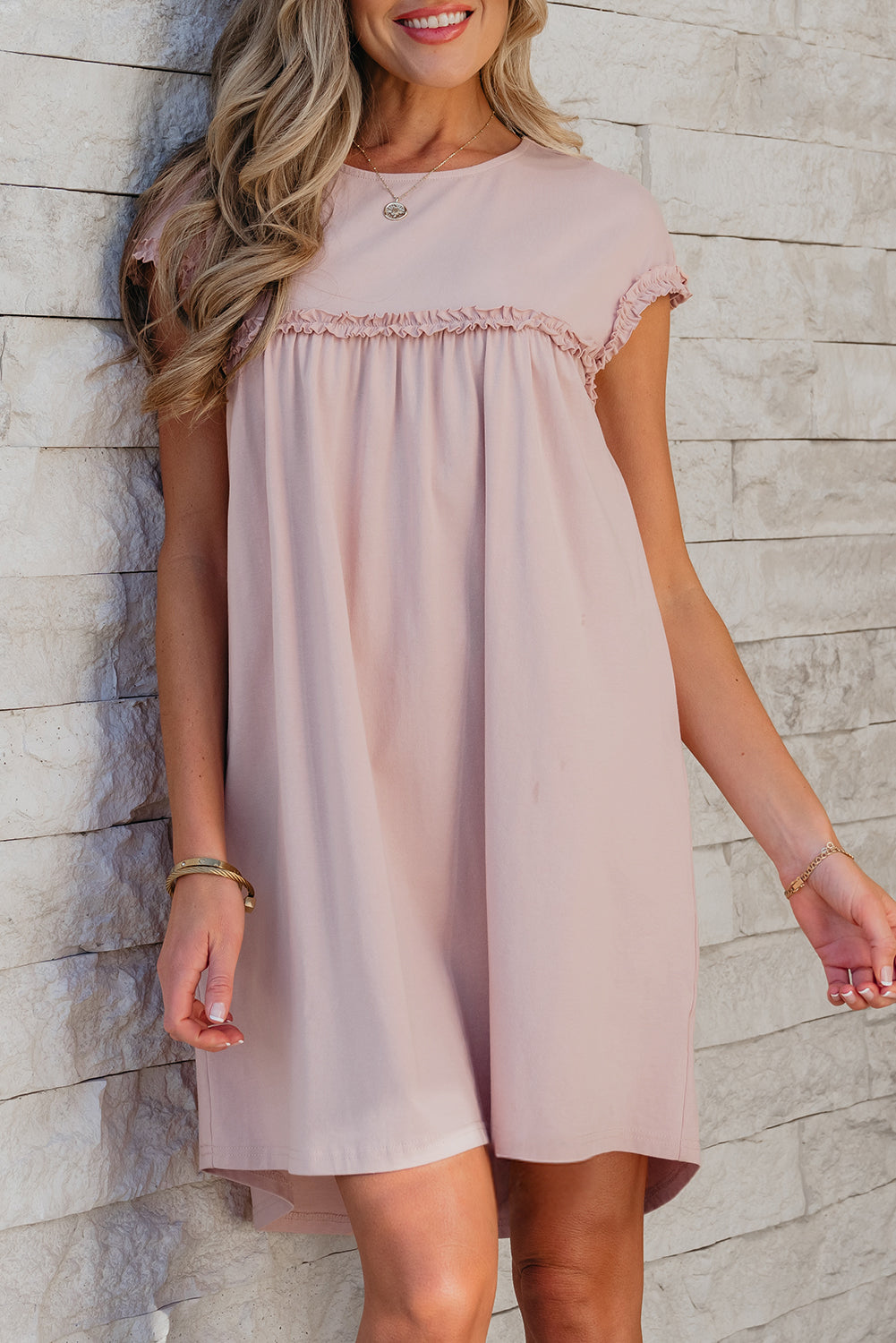 Oatmeal Frilled Trim Crew Neck Loose Fit Mini Dress-Bella Boutique Collective