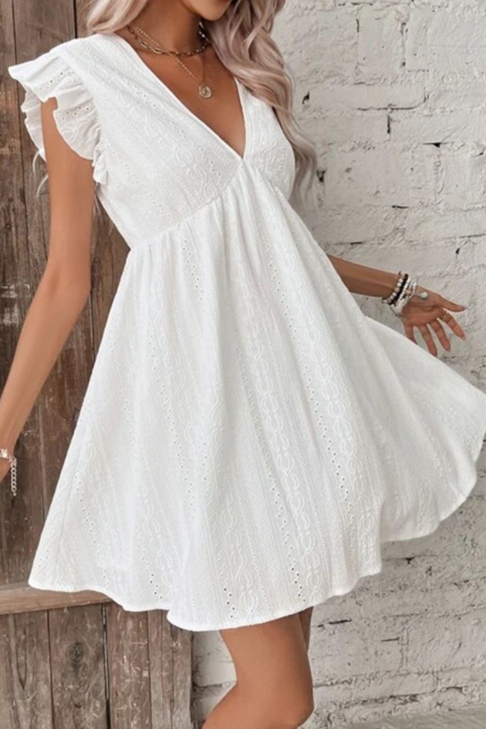 Eyelet Ruffled Cap Sleeve Mini Dress-Bella Boutique Collective