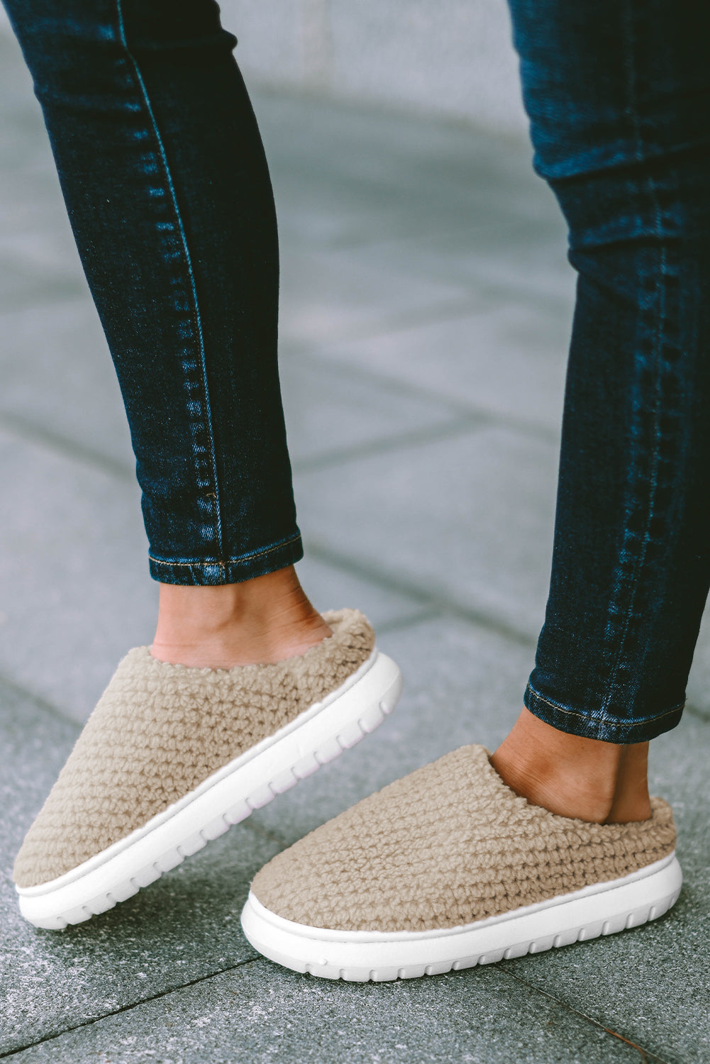 Pale Khaki Two-tone Knitted Warm Homewear Slippers-Bella Boutique Collective
