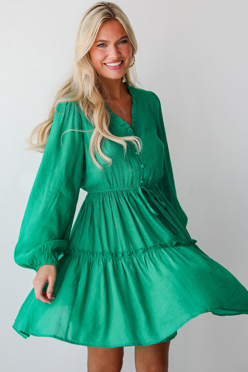 Sea Green Frilly V Neck Puff Sleeve Drawstring Shift Mini Dress-Bella Boutique Collective