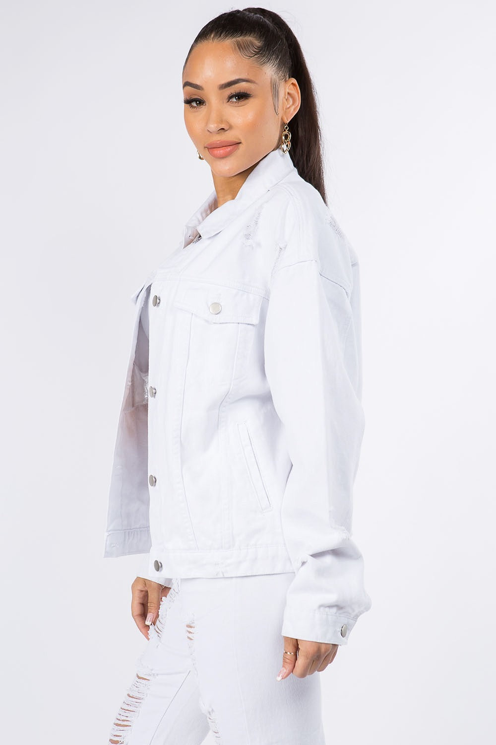 American Bazi Graphic Distressed Long Sleeve Denim Jacket-Bella Boutique Collective