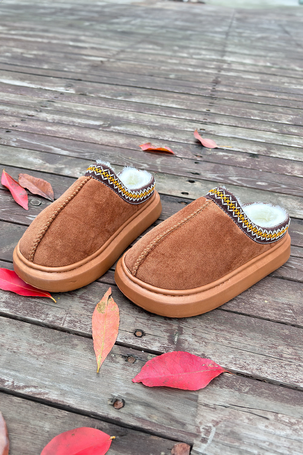 Chestnut Contrast Edge Suede Plush Lined Thick Sole Winter Slippers-Bella Boutique Collective