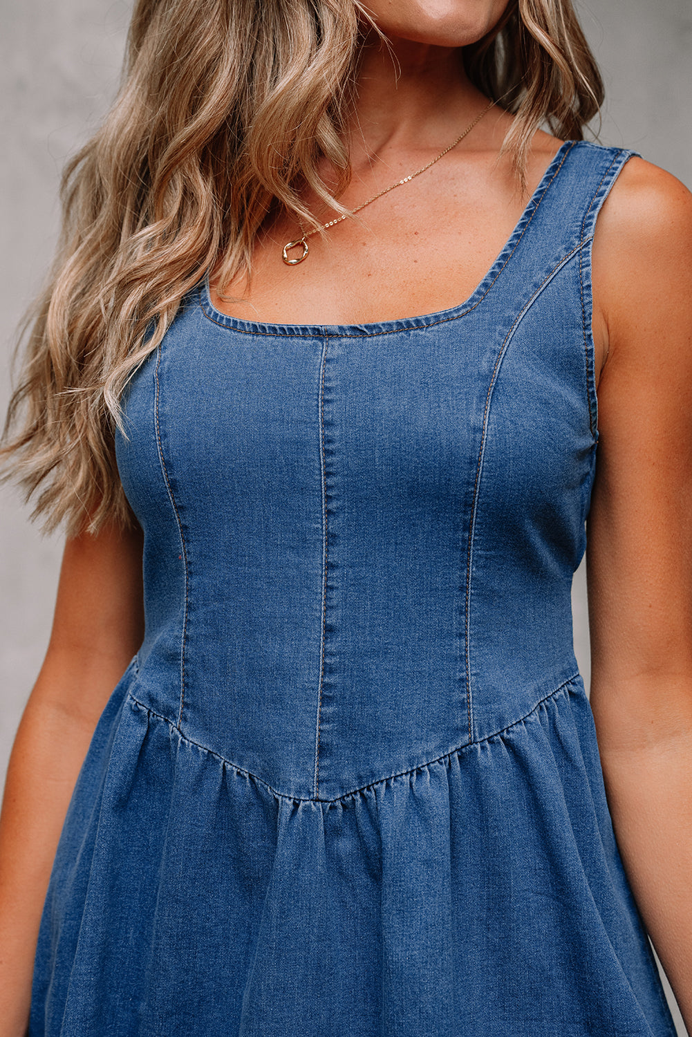 Sail Blue Square Neck Bowknot A-line Sleeveless Denim Dress-Bella Boutique Collective