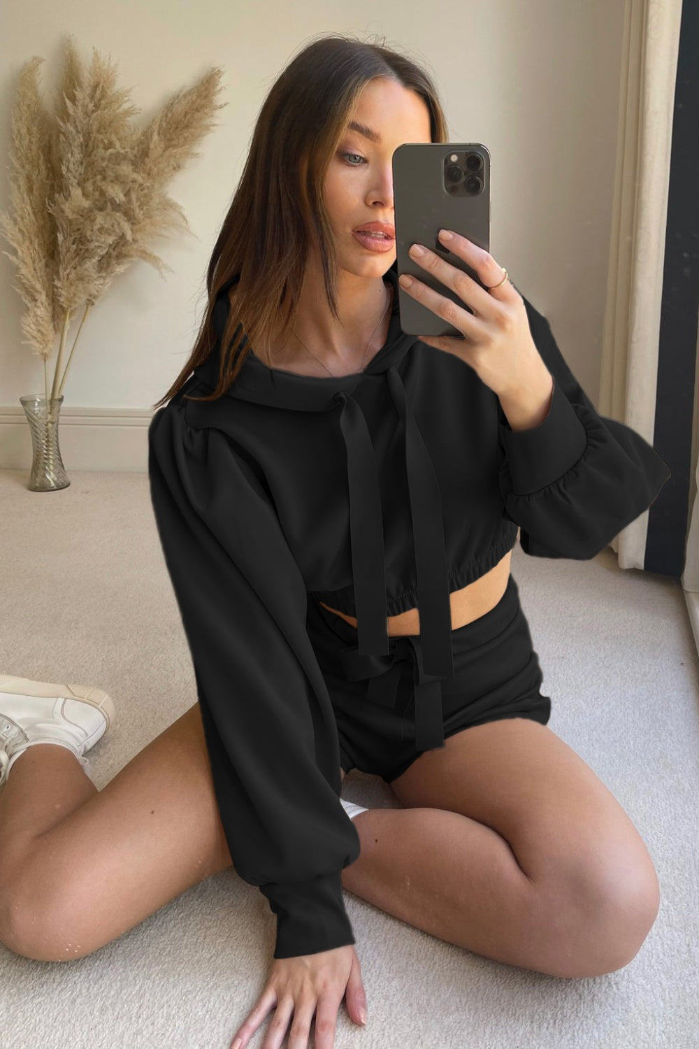 Drawstring Long Sleeve Hooded Top and Shorts Set-Bella Boutique Collective