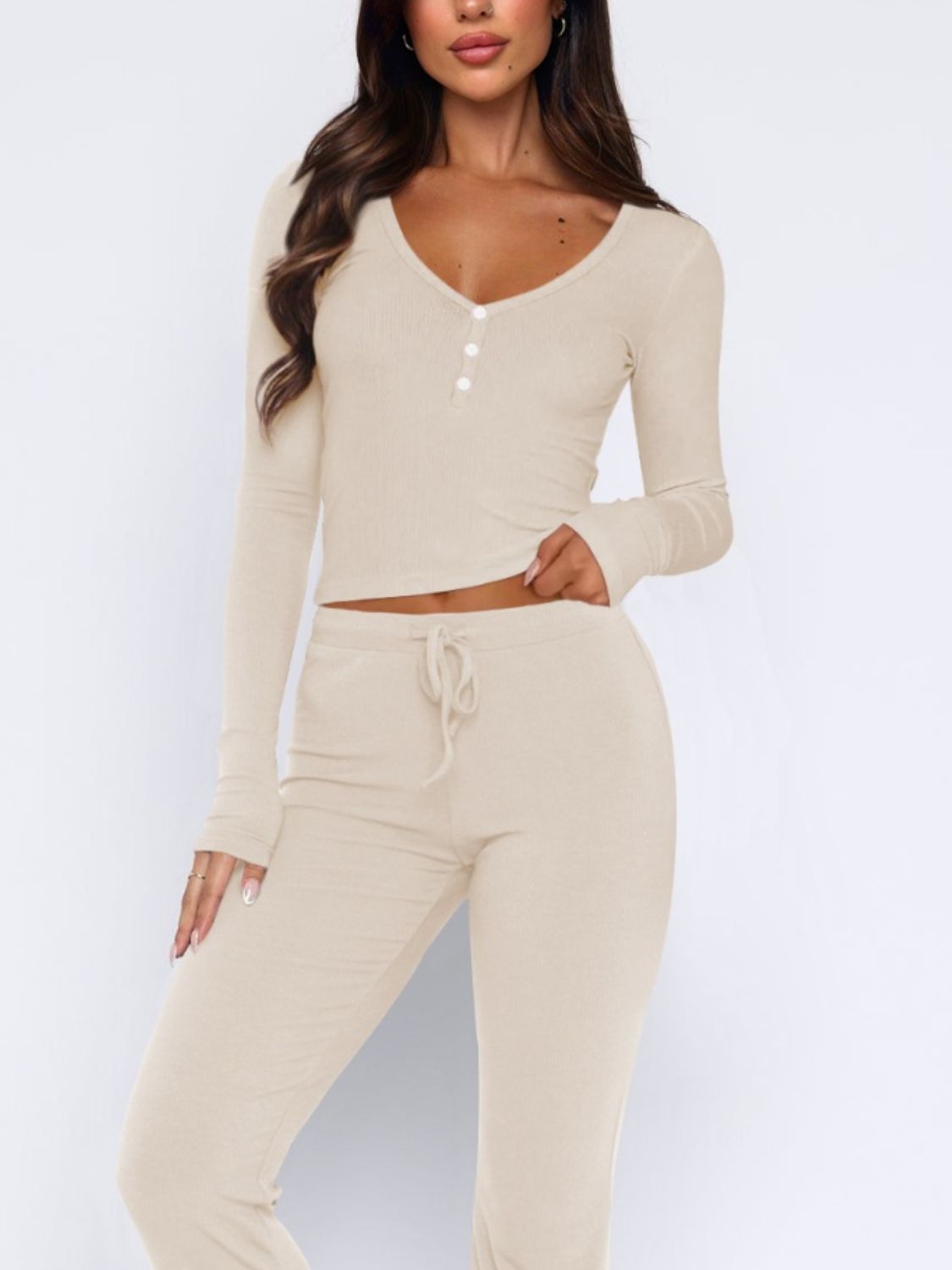 V-Neck Long Sleeve Top and Pants Set-Bella Boutique Collective
