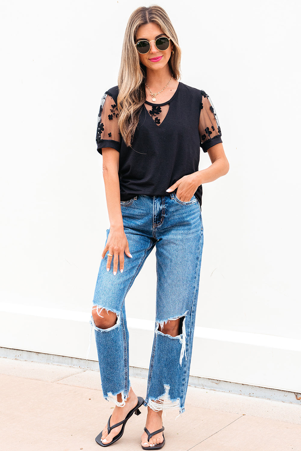 Black Flora Lace Patchwork Crew Neck T Shirt-Bella Boutique Collective