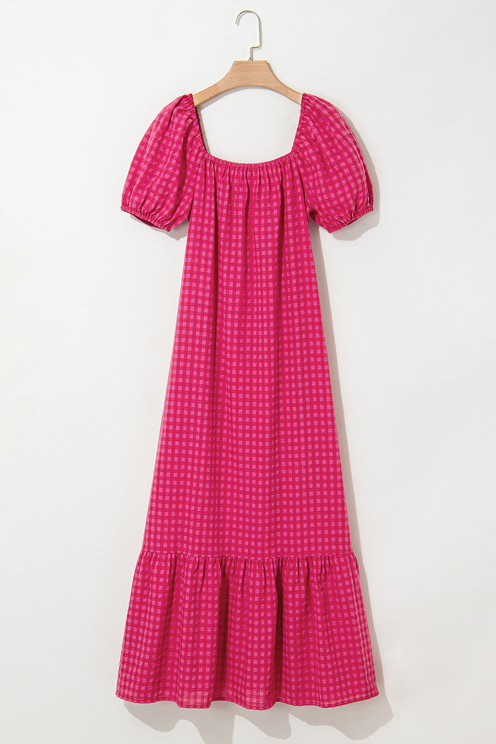 Rose Ginham Check Bubble Sleeve Ruffled Maxi Dress-Bella Boutique Collective
