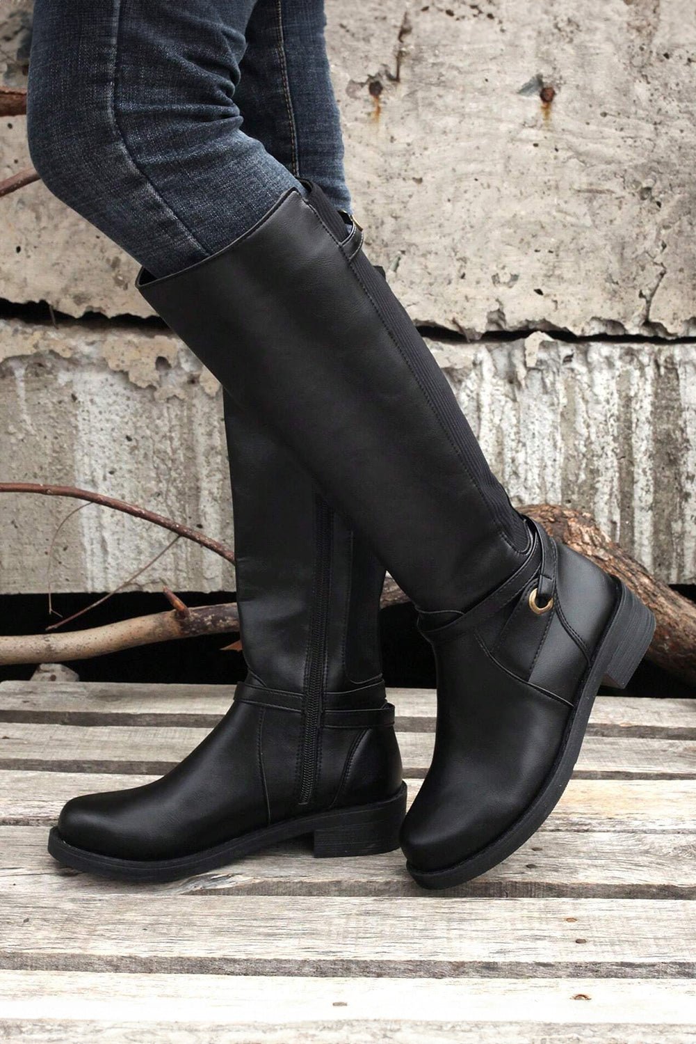 Black Side Zipper Knee High Chunky Low Heel Boots-Bella Boutique Collective