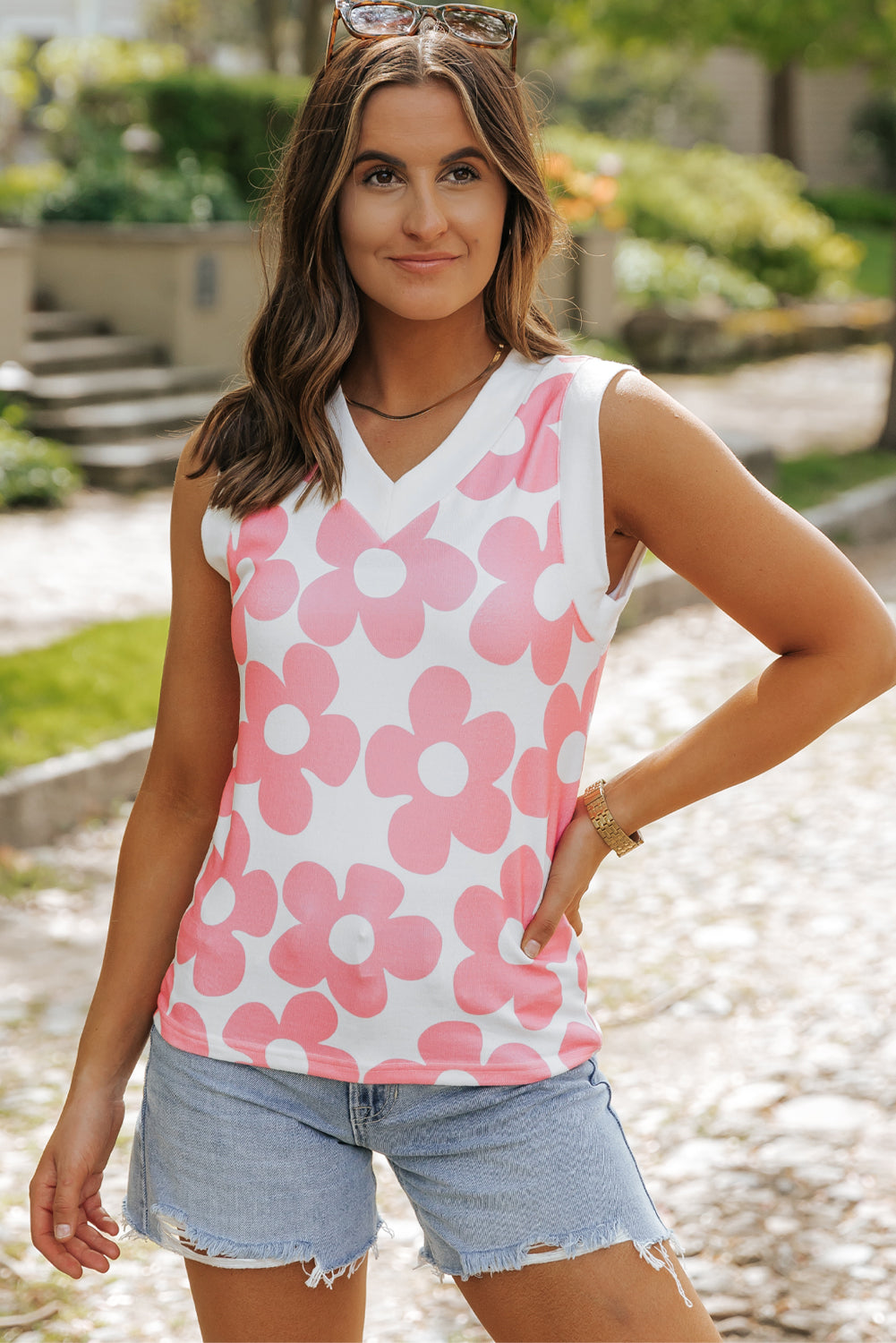 Pink Cute Flower Knitted V Neck Tank Top-Bella Boutique Collective