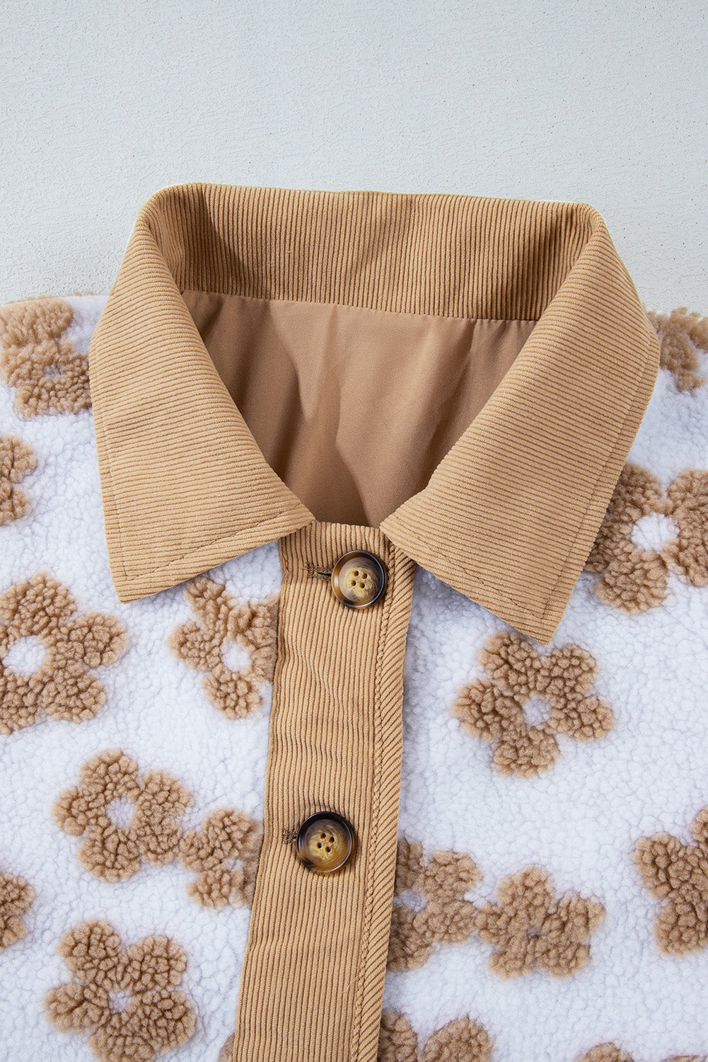 Light French Beige Cute Flower Pattern Button Up Fleece Jacket-Bella Boutique Collective