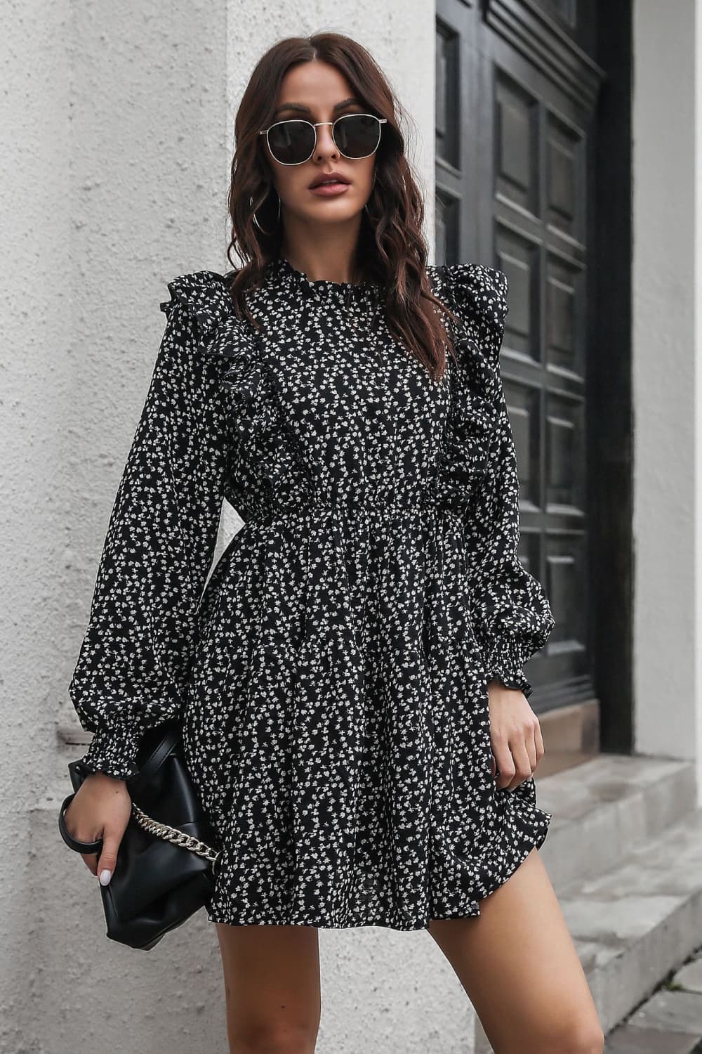 Printed Ruffle Trim Smocked Long Sleeve Mini Dress-Bella Boutique Collective