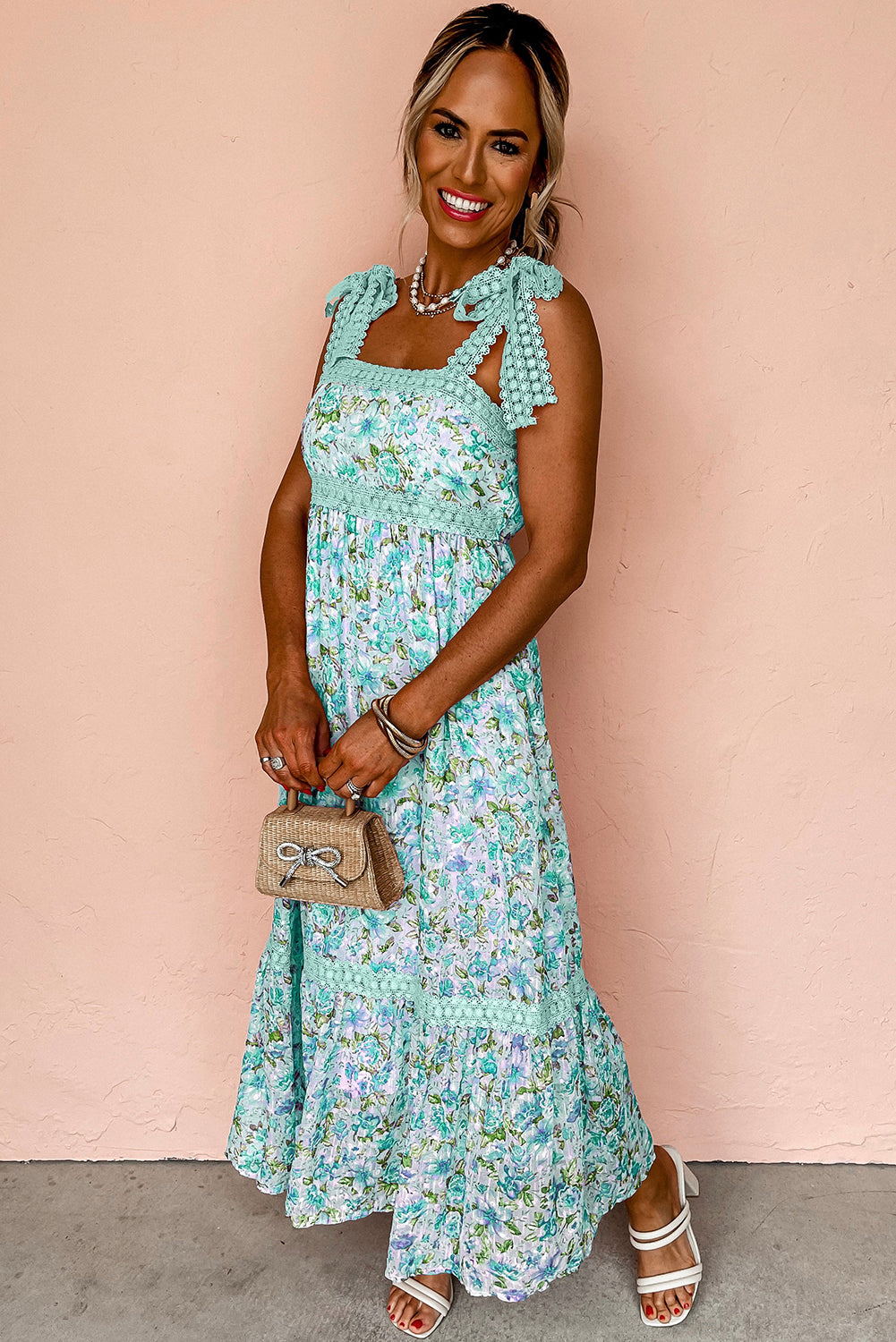 Green Floral Lace Tied Strap Empire Waist Maxi Dress-Bella Boutique Collective