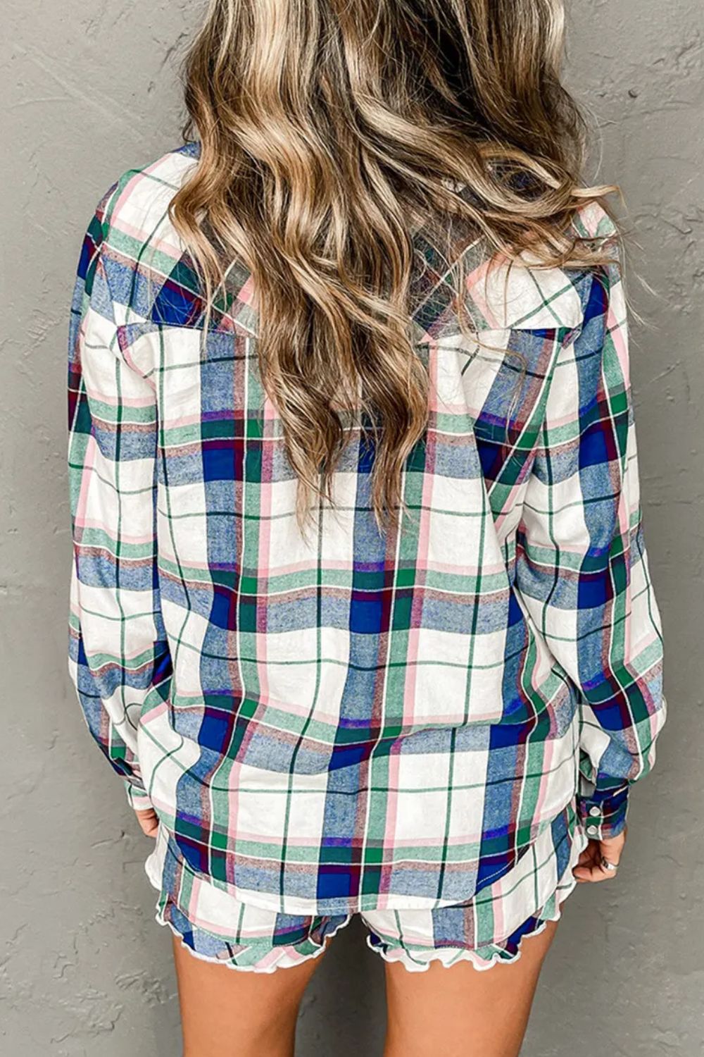 Plaid Snap Down Long Sleeve Top and Shorts Lounge Set-Bella Boutique Collective